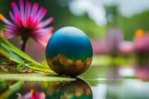 a blue egg sitting on the water with flowers. AI-Generated photo