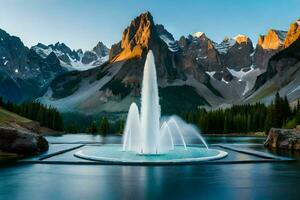 photo wallpaper the sky, mountains, water, fountain, lake, mountains, the sky, the. AI-Generated