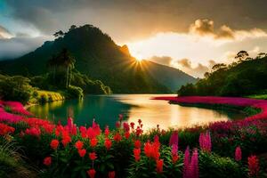 the sun rises over a lake surrounded by pink flowers. AI-Generated photo