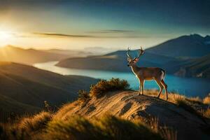 the deer is standing on the edge of a cliff overlooking a lake and mountains. AI-Generated photo