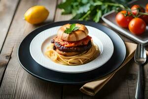 a plate with spaghetti and a burger on it. AI-Generated photo