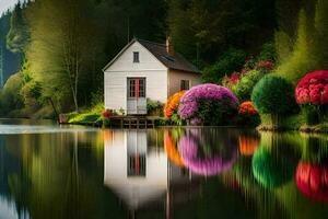 a small house sits on the edge of a lake surrounded by colorful flowers. AI-Generated photo
