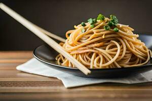 a plate of noodles with chopsticks on a wooden table. AI-Generated photo