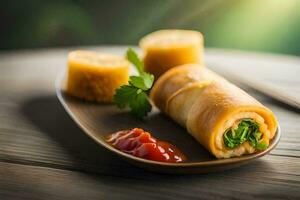 a plate with a spring roll and sauce. AI-Generated photo