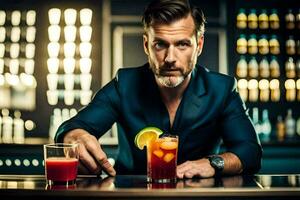 man in suit holding cocktail at bar. AI-Generated photo