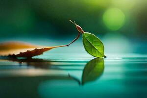 a leaf is floating on the water with a green leaf. AI-Generated photo