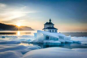 un faro en un iceberg en el medio de el océano. generado por ai foto