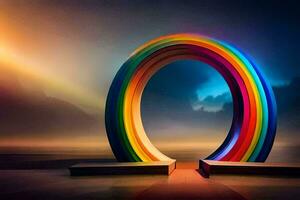 un arco iris arco en el medio de un oscuro habitación. generado por ai foto