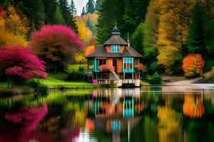 colorful house on the lake with colorful trees. AI-Generated photo