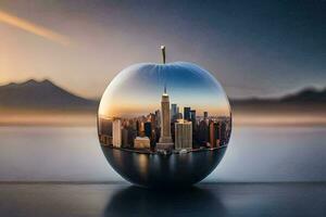 an apple with a city in it. AI-Generated photo