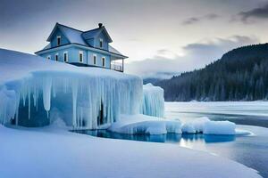 a house sits on top of an ice covered cliff. AI-Generated photo