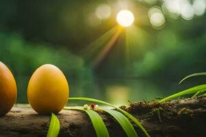 two eggs on a branch in the sun. AI-Generated photo