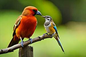 a red bird and a blue bird are sitting on a branch. AI-Generated photo