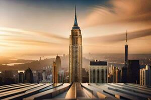 the empire state building is seen in the sunset. AI-Generated photo