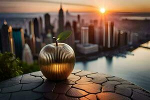 golden apple on the table. AI-Generated photo