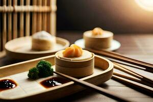 dumplings in bamboo baskets with chopsticks on a wooden table. AI-Generated photo