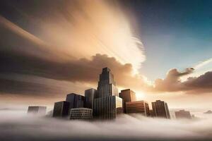 a city in the clouds with a sun rising behind it. AI-Generated photo