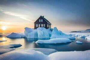 a house on an iceberg in the middle of the ocean. AI-Generated photo