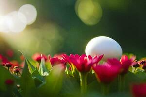 a white egg is sitting in the middle of a field of pink flowers. AI-Generated photo