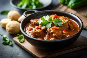 meat stew in a bowl with vegetables and herbs. AI-Generated photo