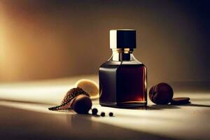 a bottle of perfume sitting on a table with nuts. AI-Generated photo