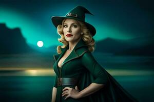 a woman in a green witch costume. AI-Generated photo