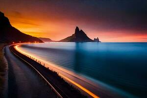 a long exposure photograph of a road and a mountain at sunset. AI-Generated photo