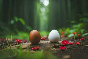 two eggs are sitting in the middle of a forest. AI-Generated photo