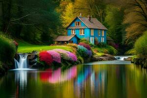 a colorful house sits on the side of a river. AI-Generated photo