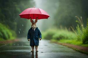 a rabbit in a suit and tie holding an umbrella. AI-Generated photo