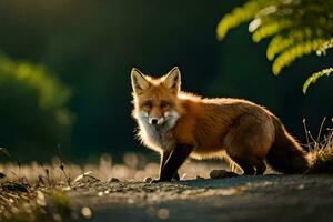 a red fox standing on a dirt road in the woods. AI-Generated photo