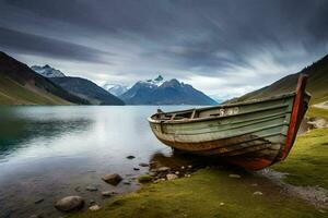 a boat sits on the shore of a lake. AI-Generated photo