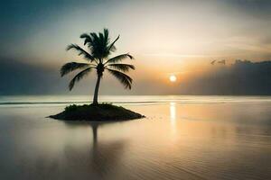 a lone palm tree stands on an island in the ocean. AI-Generated photo