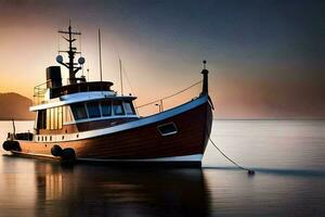 a boat is docked at the shore during sunset. AI-Generated photo