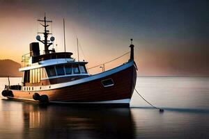 a boat is docked at the shore during sunset. AI-Generated photo