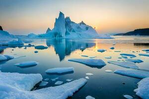 icebergs are floating in the water at sunset. AI-Generated photo