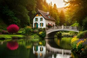 un casa se sienta en un puente terminado un río. generado por ai foto