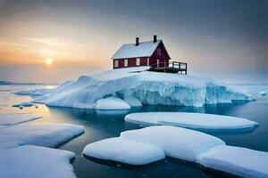 un rojo casa se sienta en un iceberg en el medio de el océano. generado por ai foto