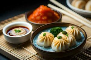 a bowl of dumplings with sauce and chopsticks. AI-Generated photo