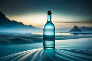 un botella de agua se sienta en el arena en frente de un montaña. generado por ai foto