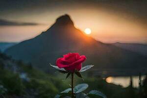 a red rose in front of a mountain at sunset. AI-Generated photo