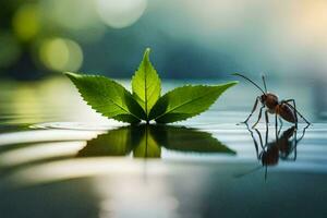 un pequeño hormiga es en pie en el agua con un hoja. generado por ai foto