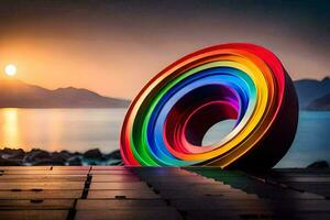 a colorful rainbow wheel sits on the ground in front of the sunset. AI-Generated photo