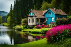 un azul casa se sienta en el borde de un lago rodeado por flores generado por ai foto