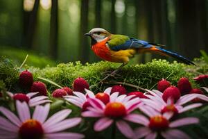 a colorful bird is standing on top of a moss covered plant. AI-Generated photo