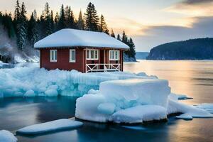 a small red house sits on top of an iceberg. AI-Generated photo
