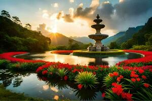 a fountain surrounded by flowers and mountains. AI-Generated photo