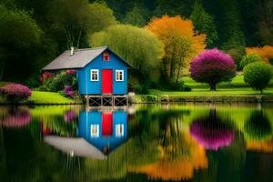 colorful house by the lake. AI-Generated photo