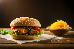 chicken burger on a bun with cheese and tomato. AI-Generated photo