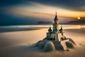 a castle on the beach at sunset. AI-Generated photo